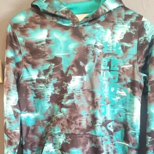 UNDER ARMOUR Unisex Coldgear Hoodie Black and Teal Open Front Pocket Sz YXL EUC - Picture 1 of 9