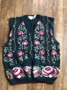 The Eagle's Eye Vintage Wool Sweater Vest Womens Large Green Pink Roses Floral - Picture 1 of 7