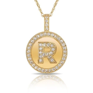 14K Solid Yellow Gold Round Circle Initial "R" Letter Charm Pendant & Necklace - Picture 1 of 12