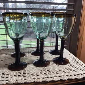 6 NICE Hand Blown Brown Rim & Stem Aqua Glass 8 1/2” All Purpose Goblets Glasses - Picture 1 of 8