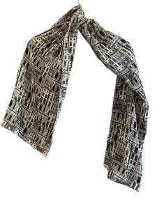 Vintage Casca 100% Silk Scarf Historical Townhouse City 14” X 60” Black Beige - Picture 1 of 5