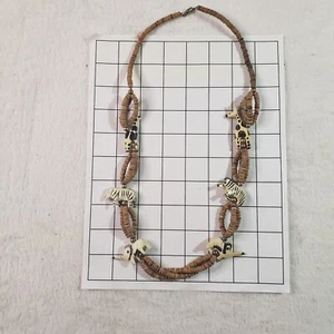 Tribal Boho Necklace Beaded Nut Carved Wood Lion Zebra - Picture 1 of 9