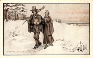 Postcard pilgrims going to church in the snow - Picture 1 of 2