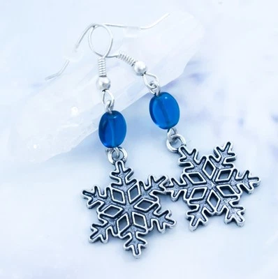 Icy Blue Glass & Snowflake Earrings - Handmade Jewelry - Elsa - Frozen - Magic - Image 1 of 2