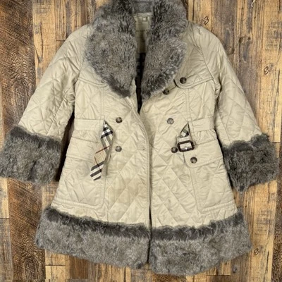 Burberry Cream & Grey Fur Lined Quilted Coat Jacket Girls Size 8Y/128cm - Image 1 of 4