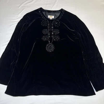 Top túnica TALBOTS talla 10 terciopelo adornado mezcla de seda negro cremallera lateral usado en excelente estado Foto 1 de 4