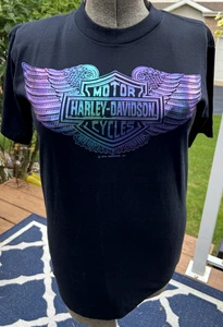 Vintage 1990 Harley Davidson Single Stitch Metallic Holoubek T-Shirt • Medium - Picture 1 of 9