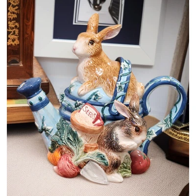 Fitz and Floyd English Garden Bunnies Collection Teapot with Lid Watering Can - Image 1 of 4