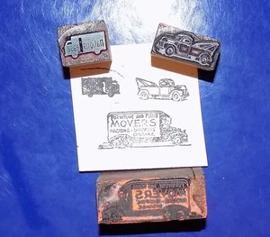 Lot Vintage Trucks Wood & Metal Printers Blocks - Moving Vans & Wrecker - Picture 1 of 3