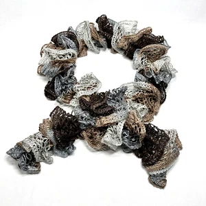 Scarf Handmade Crocheted Grey Black and Brown Ruffled 46 Inches Long - Picture 1 of 5