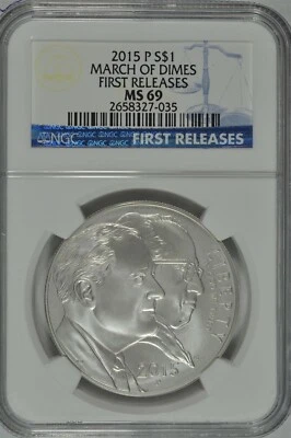2015 P March of Dimes Uncirculated Silver Dollar NGC MS69 First Releases - Image 1 of 2