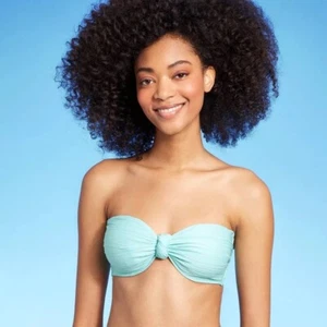 Top de bikini Shade & Shore Jacquard Bandeau con aros detalle de nudo 34D azul - Imagen 1 de 10