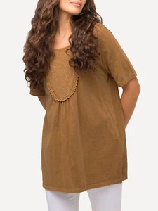 ULLA POPKEN Slub Tee Top COFFEE Embroidered Inset A-Line Fit Size 16/18 to 36/38 - Picture 1 of 5