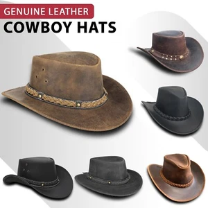 Western Cowboy Hat Men Real Leather Australian Style Tan Crazy Horse Bush Hats - Picture 1 of 95