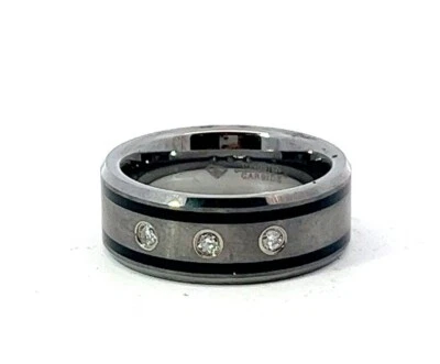 Anillo de 8 mm de carburo de tungsteno .12ctw 3 diamantes doble raya negra borde biselado banda Foto 1 de 4