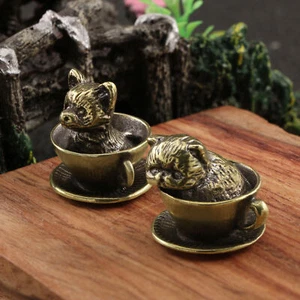 2PCS Brass Coffee Cup Dog Cat Statue Dog Figurine Home Desktop Decor Ornament - Picture 1 of 7