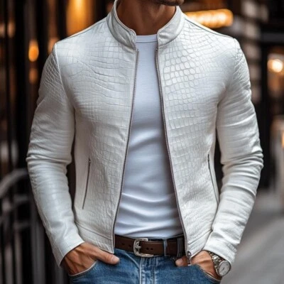 Chaqueta de diseñador de cuero genuino con patrón de piedra de piel de oveja blanca para hombre Foto 1 de 4