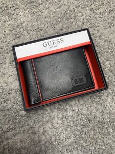 Guess Mens Black With Red Strip Bifold Wallet (Boxed)