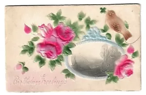 Postal ANTIGUA - Saludo Cumpleaños Rosas Rosas, Pájaro y Barco y Escena - Imagen 1 de 2