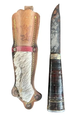 Faca de lâmina fixa vintage com bainha de couro alça embutida colecionável - Imagem 1 de 2