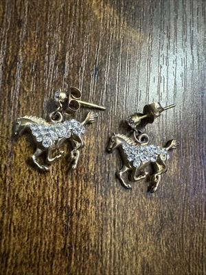 Gold Tone Running Horse Rhinestone Earrings Sparkle Cocktail Fashion Statement - Image 1 of 3