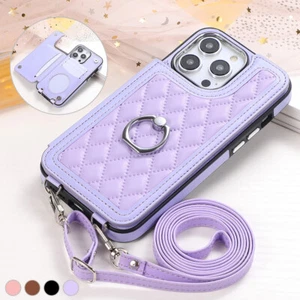 For iPhone 16 15 Pro Max 14 13 12 11 Strap Leather Wallet Card Ring Stand Case - Picture 1 of 36