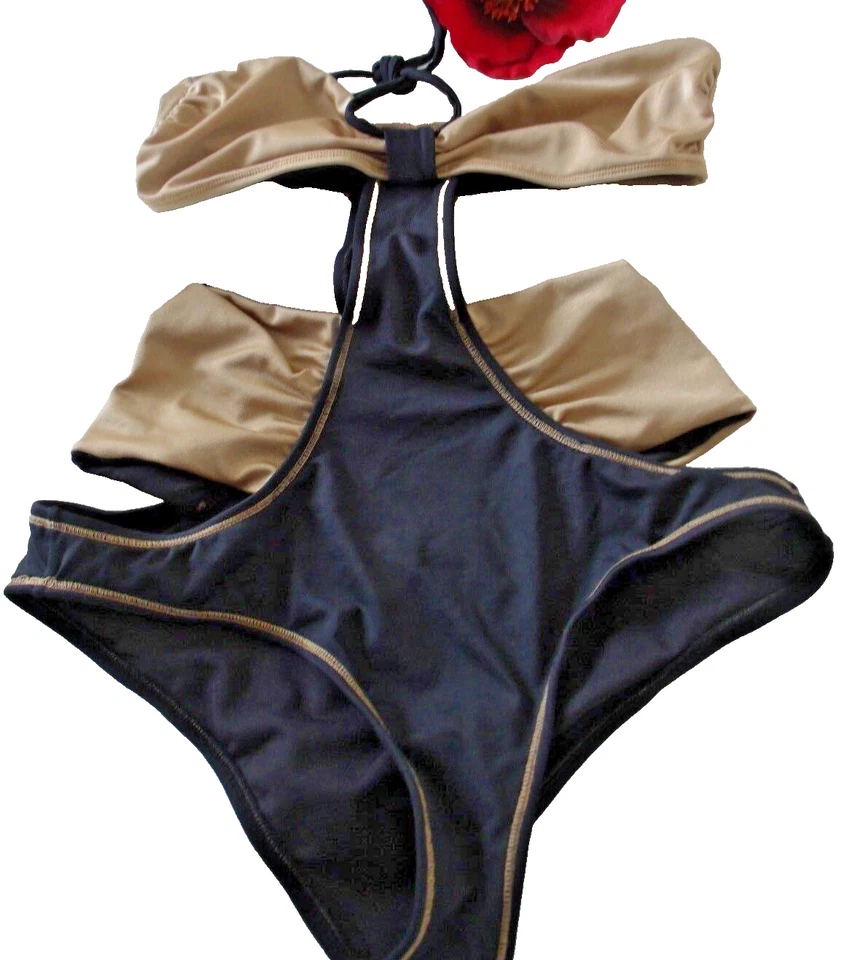 AM/PM By Espiral Large Black/Gold Sexy Bandeau Halterneck Monokini Swimsuit - Image 1 of 4