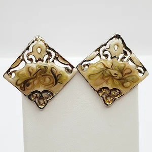 Neutral Color Swirled Enamel & Metal Open Metal Square Vintage Clip On Earrings - Picture 1 of 23
