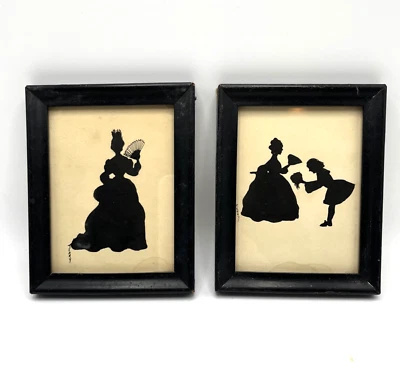Pareja de dibujo vintage silueta victoriana mujer y cortejo pareja, rizo firmado Foto 1 de 4