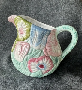 Vintage Ceramic Raised Floral Pitcher Marked "ND" Pretty Pastels Tulips Daisy - Picture 1 of 22