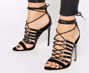Asos Hurricane hochhackige Schnürsandalen Damenschuhe schwarz Größe 7 Medium NEU - Bild 1 von 9