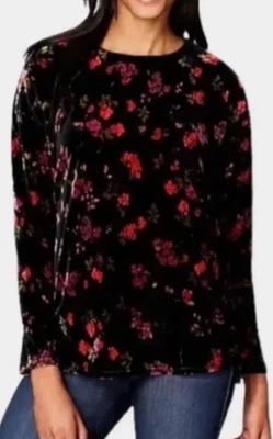 Top de terciopelo floral Jill para mujer talla 2X manga larga línea A elástico cuello redondo Foto 1 de 4