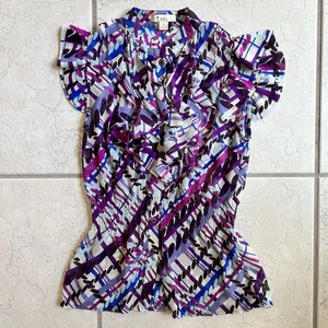 Forever 21 Y2K Womens Size S White Purple Blue Ruffle Chiffon Button Front Top - Picture 1 of 6
