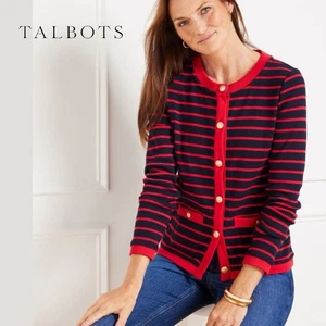 Cárdigan de algodón con bolsillo con parche Talbots nuevo sin etiquetas 2X rayas rojas índigo/rubí $109 - Imagen 1 de 11