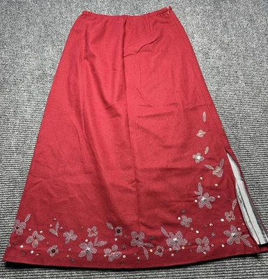 Saia Garnet Hill Feminina 6 Mescla de Lã Vermelha Bordada Lantejoulas Forradas Floral Midi - Imagem 1 de 4