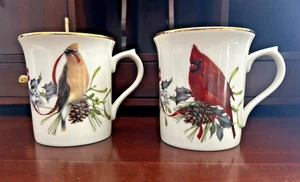 2 Lenox "Winter Greetings" Porcelain Gold-Rimmed Mugs by Catherine McClung - Picture 1 of 4