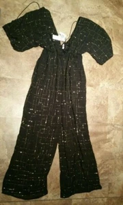 TD True Decadence Tall Plunge Front Black Jumpsuit with Gold Beads - Size 8 - Picture 1 of 3
