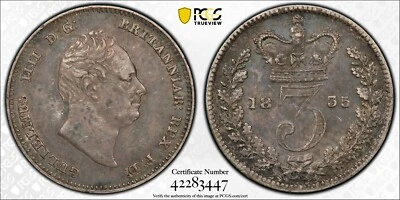 Great Britain 1835 3D 3 Pence SMALL HEAD William IV S-3838 PCGS AU53 KM# 710 - Image 1 of 3