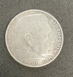 1936 D WW2 Deutsche 5 Reichsmark Münze, von Hindenburg, großer Adler auf Rückseite - Bild 1 von 5