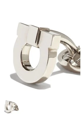 SALVATORE FERRAGAMO Gancini Hombre’s Gemelos Logo Latón Plata Nuevo Italia Foto 1 de 4