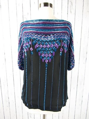 Vintage Judith Ann Creations Silk Sequin Beaded Dolman Top Art Deco Disco S - Image 1 of 4