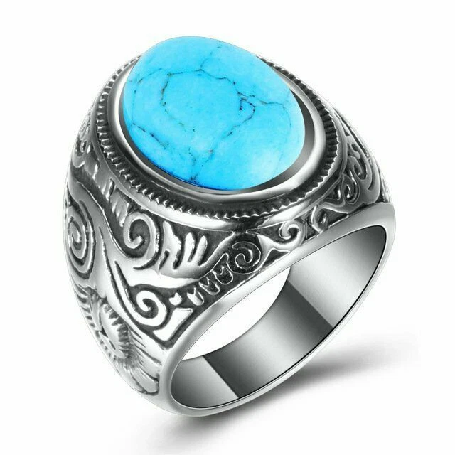 Mens Simulated Oval Turquoise Stone Ring Men Stainless Steel Size 7-15 Gift Foto 1 de 1