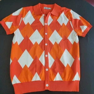 GRACE KARIN Mens S Short Sleeve Orange Argyle Golf Polo Shirts Casual Knitwear - Picture 1 of 10