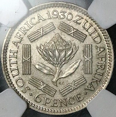 1930 NGC MS 62 South Africa 6 Pence George V Protea Flower SIlver Coin 25062901C - Image 1 of 4