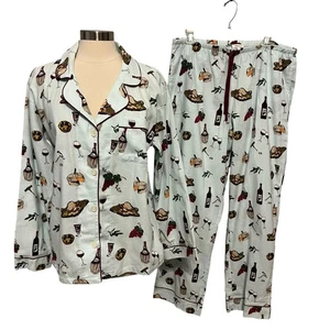 Pigiama testa letto stampa vino e formaggio taglia L manica 3/4 top e pantaloni set nuovo con etichette - Foto 1 di 15
