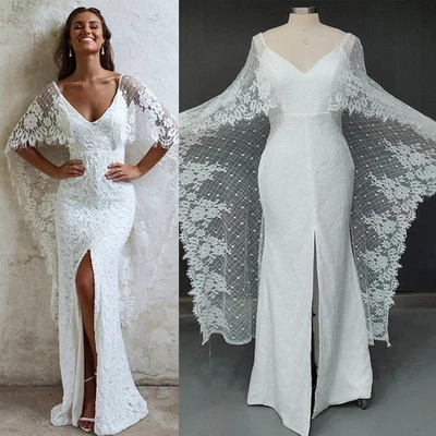 Elegant Mermaid Wedding Dresses V-Neck Batwing Sleeves High Split Bridal Gowns - Image 1 of 4