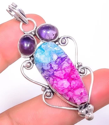 Pingente Banhado a Prata Brasil Ágata Natural Drusy, Ametista 2,54" P7785-21 - Imagem 1 de 4