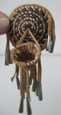Native American Mini Hand-Crafted Apache Woven Burden Basket Tin Cones Pinback S - Image 1 of 4