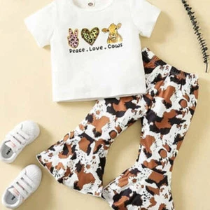 New! Girl's 'PEACE LOVE COWS' SHIRT & COW PRINT FLARED LEG PANTS SET in 4 SIZES! - Picture 1 of 8