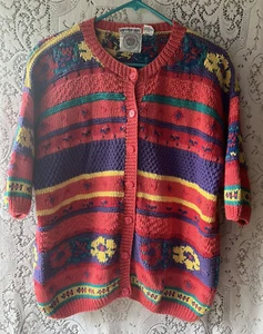 90s HAND KNIT Cape Isle Knitters Floral Vibrant Short Sleeve Cardigan Size S - Bild 1 von 6